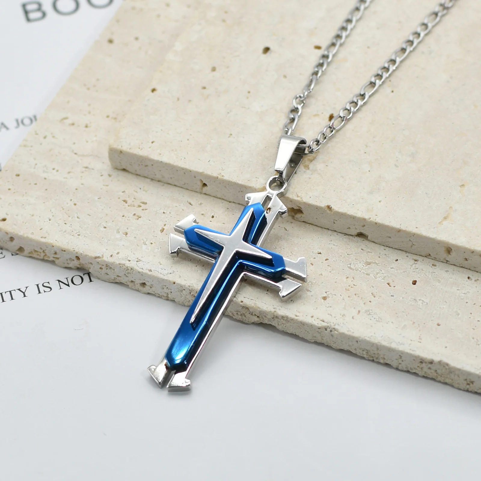 Stainless Steel Blue Cross Pendant Chain Necklace for Men Women