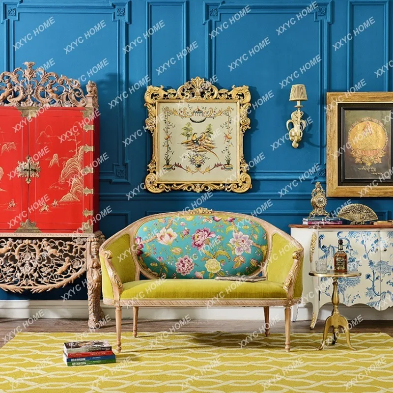 

New Classical Wood Carved Double Sofa Studio Club Reception Sofa