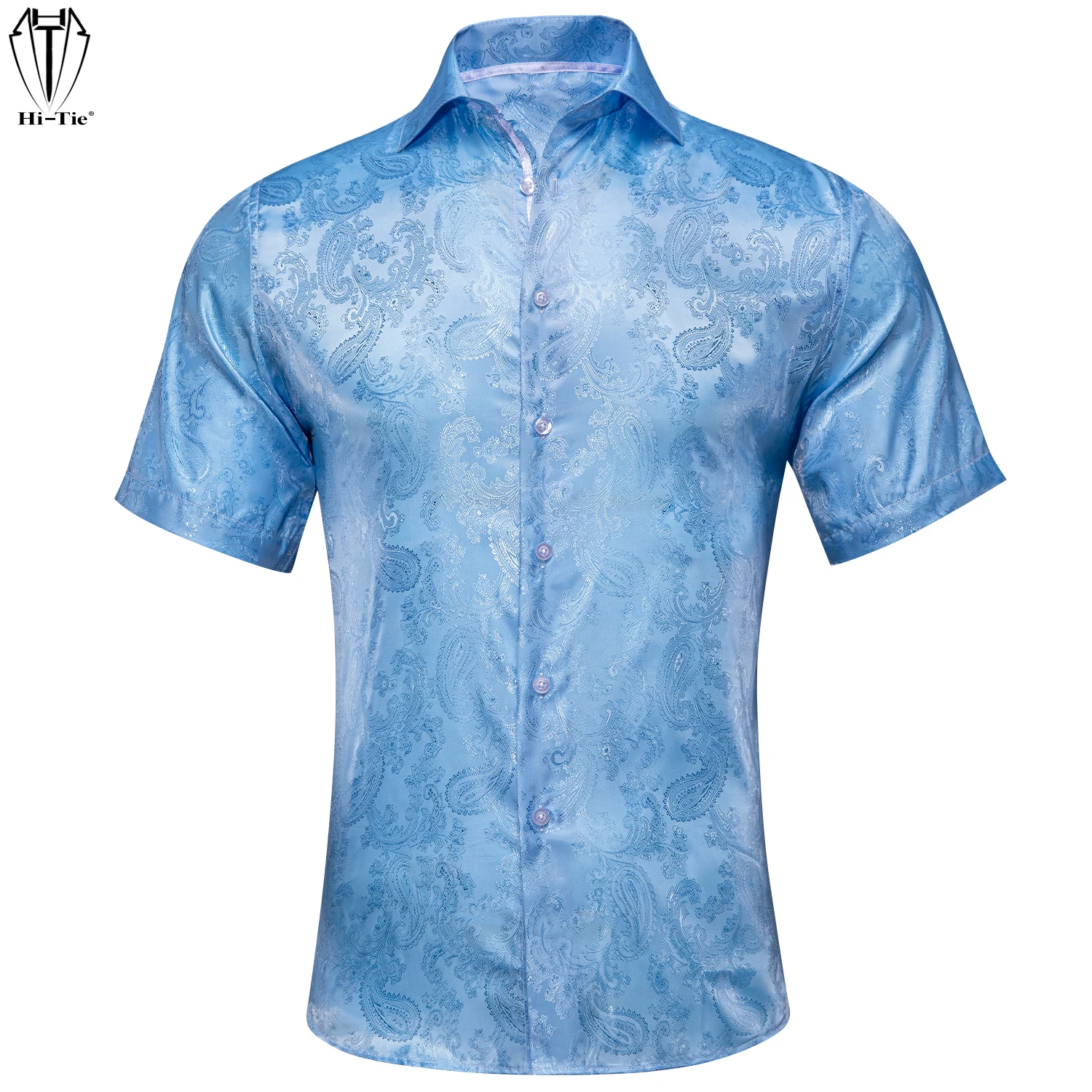 Hi-Tie Silk Sky Blue Mens Shirts Paisley Jacquard Woven Cool Short Sleeve Shirt For Men Male Gift for Father Son Husband Big XXL t shirt baby carrier safety kangaroo pocket pregnancy clothes summer short sleeve mother father top for feeding big nylon cotton