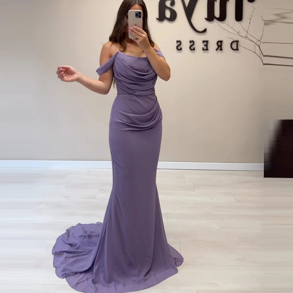 

Purple Chiffon Off Shoulder Mermaid Sleeveless Evening Gown Saudi Arabic Party Dress Prom DressesRobe De Soirée Custom Color
