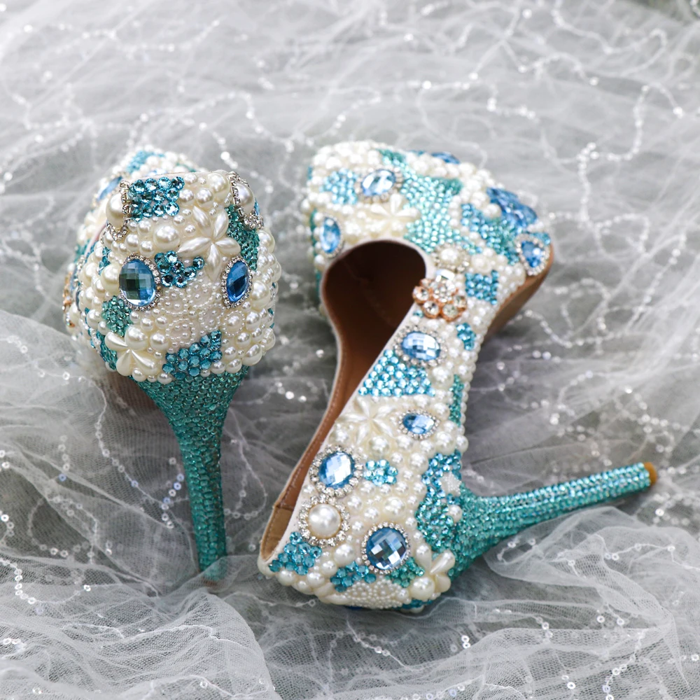 Light Blue Crochet Lace Almond Toe Block Heel With Pearls Ankle Strap,women Wedding  Shoes, Bridesmaids Shoes, Bridal Shoes, Something Blue - Etsy | Blue heels  wedding, Bridesmaid shoes, Bridal shoes