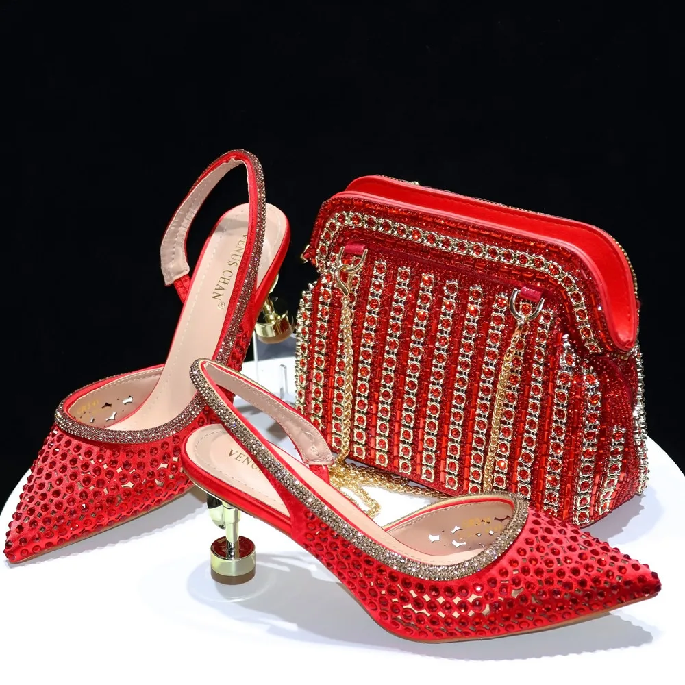 

Newest 2024 Diamond Opend Toe Shoes Matchin Purse Anklet Design High Heel Women's Sandals Suitable For Wedding Party