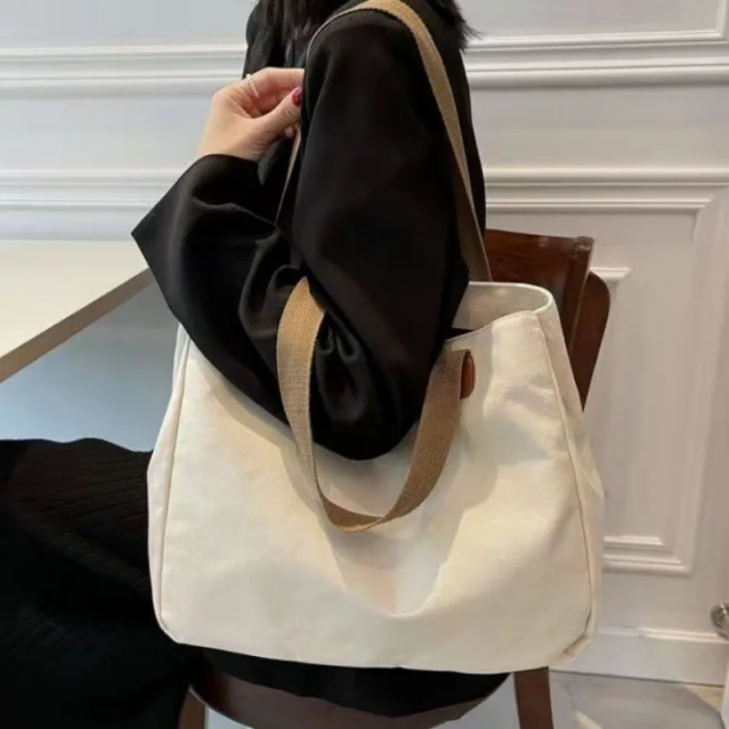 New Fashion Monochrome Canvas Large Capacity Handbag for Women Reusable Large Capacity Shopping Storage Bag for Students
