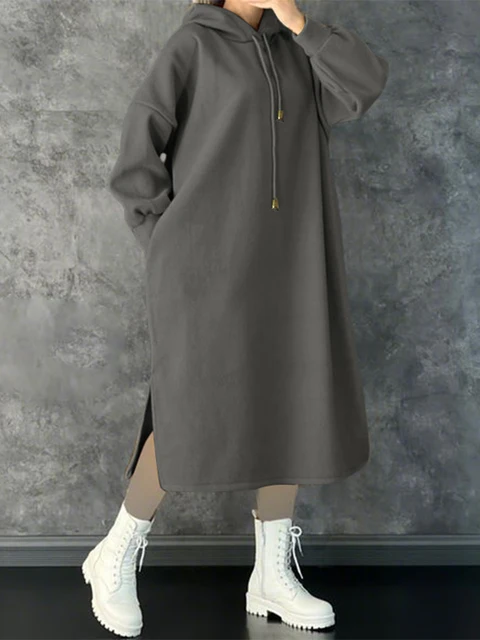 Plus Size 5XL ZANZEA Women Fashion Sweatshirt Dresses Autumn Long Sleeve Hooded Robe Solid Casual Loose Pockets Long Vestidos