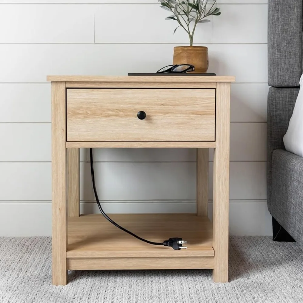 

Wood Side Table with Charging Station Wood Nightstand Smart Bedside Tables Station,Drawer Shelf 2 USB Ports 22"White Oak