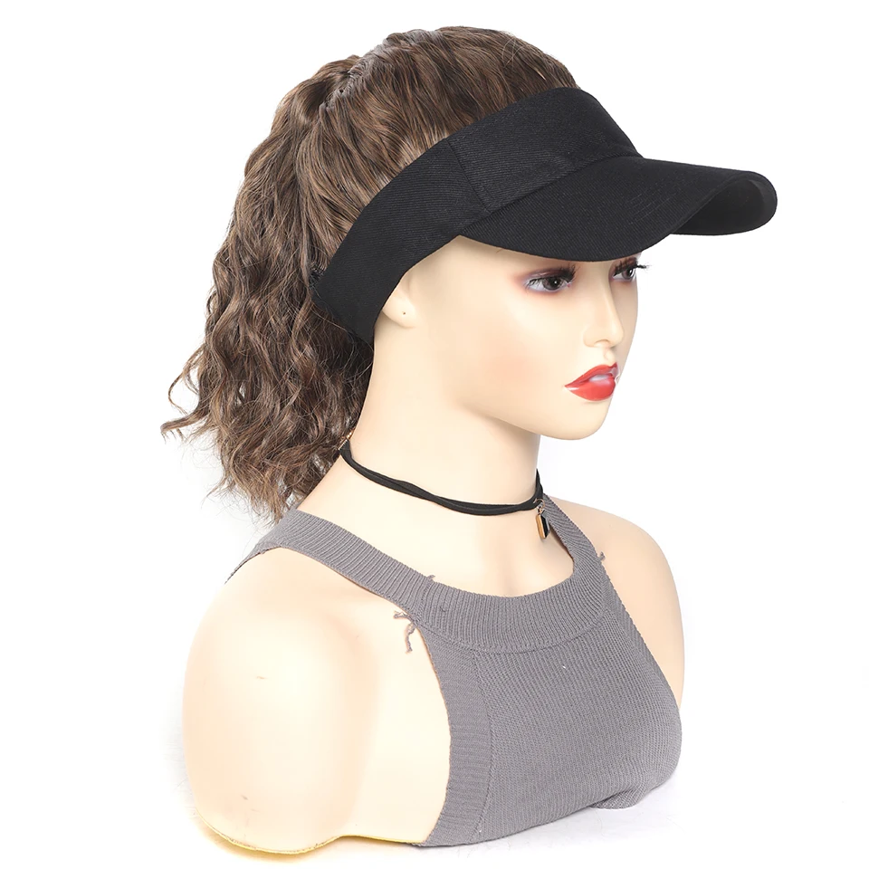 LUPU Synthetic Hair Curly Wave Ponytail Black Brown Baseball Cap Wig Adjustable Sun-Protective Sporty Style for Women Girls