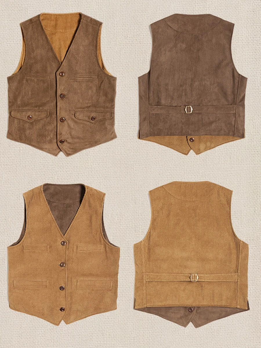 Men's Formal Vest Retro Corduroy Four Buckles Waistcoat Slim Fit Fashion Leisure Vest Costume 2022 Homme For Wedding 6