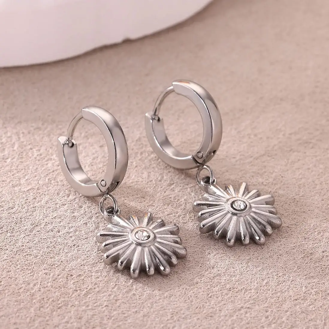 Stainless Steel Sunflower Dangle Earrings for Women Gold Color Geometric