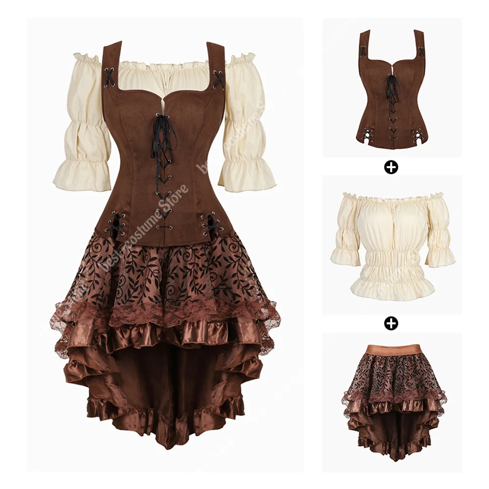 Corsetto Busto In Pelle E Gonna Steampunk - Abito Irregolare Con Pizzo Per Donna, Costume Pirata Gotico Per Halloween E Festa A Tema - 2