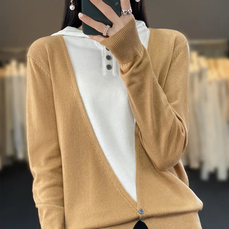

Wool-Like Knitted Fake Two-Piece Hoodie French Fashion Loose Long-Sleeved Pullover Spring New Soft Design Version Jumper Sweater
