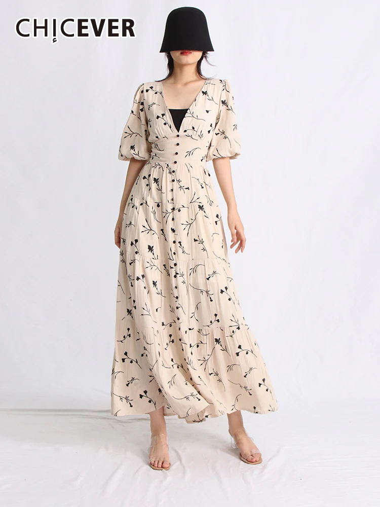 

CHICEVER Vintage Hit Color Dresses For Women V Neck Short Sleeve High Waist Tunic Slim Folds Printing Summer Midi Dress Female