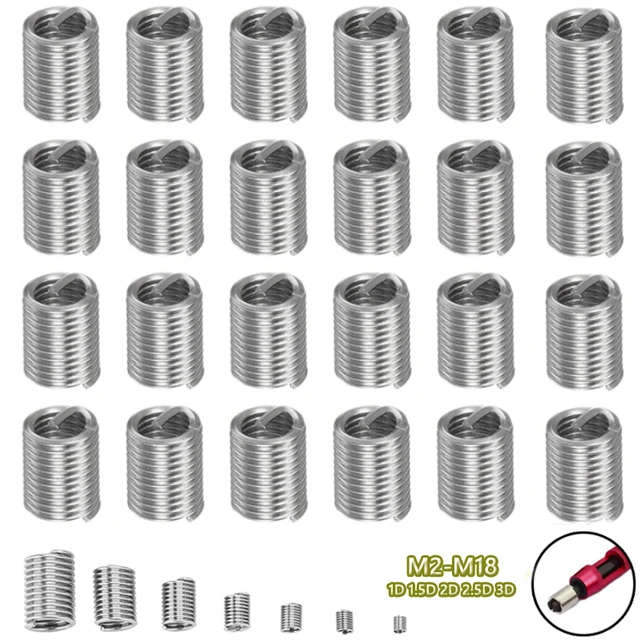 M2- M18 304 Stainless Steel 1D-3D Fastening Thread Insert Kit Hardware Repair Tool Spirals Wire Sleeve Screw Wear