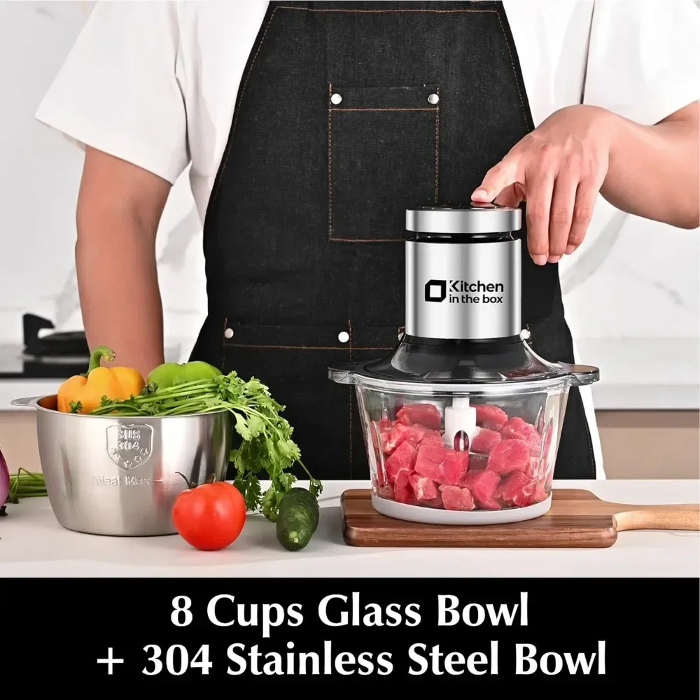 Food Processors,Small Meat Grinder & Food Chopper Electric Vegetable Chopper with 2 Bowls (8 Cup+8 Cup)& 2 Bi-Level Blades 3