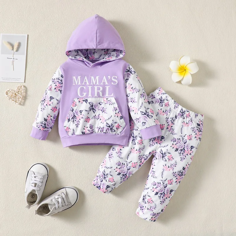 

Toddler Baby Girl Spring Autumn Clothes Set Letters Print Long Sleeve Hoodie Top +Flower Print Pants Newborn Baby 2PCS Outfit
