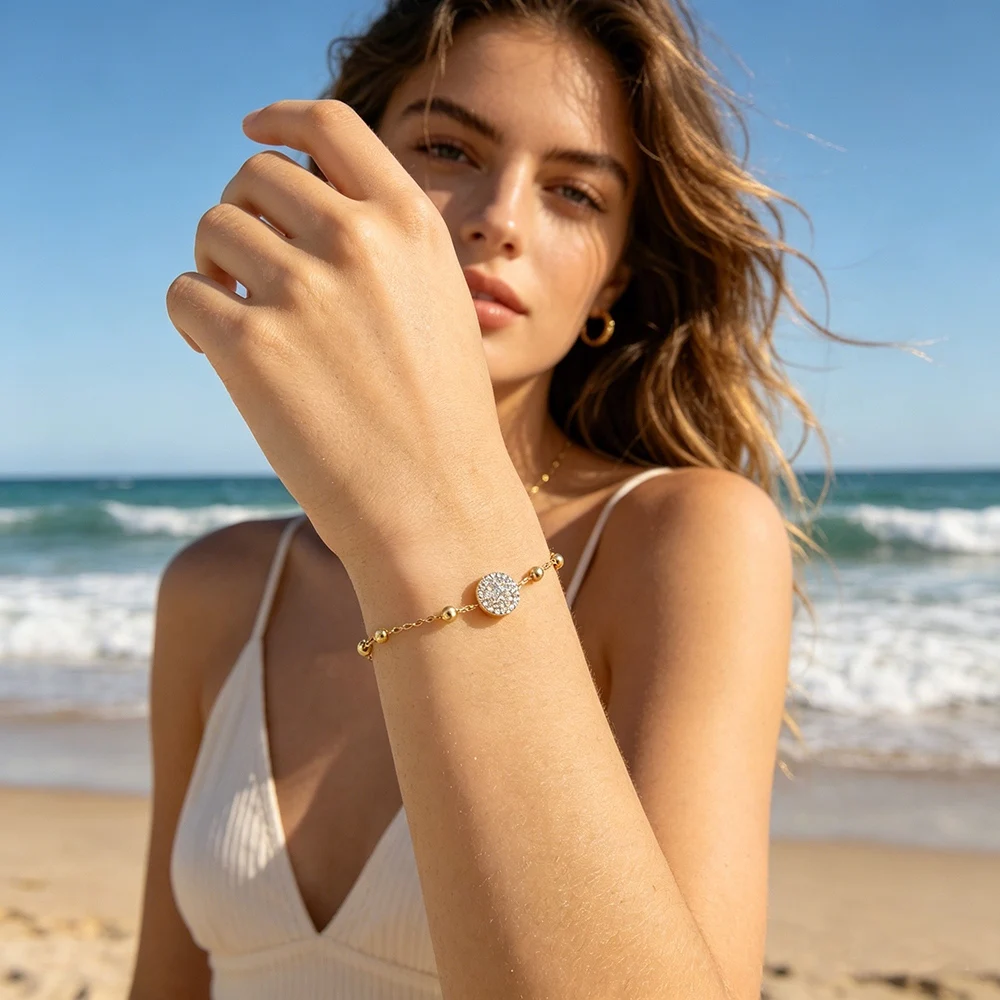 JeeMango Runde CZ-Anhänger-Halskette, Armband für Damen, weißer Zirkonia, Edelstahl, schlichter Luxus-Hochzeitsschmuck B26031