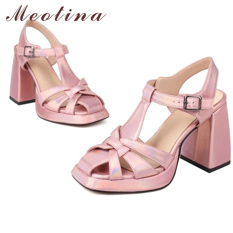 

Meotina Women Gladiator Sandals Square Toe Platform Chunky High Heels Buckle Ladies Fashion Career Shoes Summer Pink Silver 46