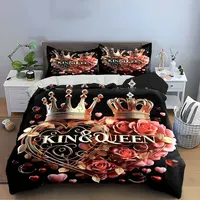 Parure de lit 3 pièces King Queen Crown Heart, housse de couette et taies d'oreiller imprimées roses dorées, linge de lit romantique pour chambre de couple 3