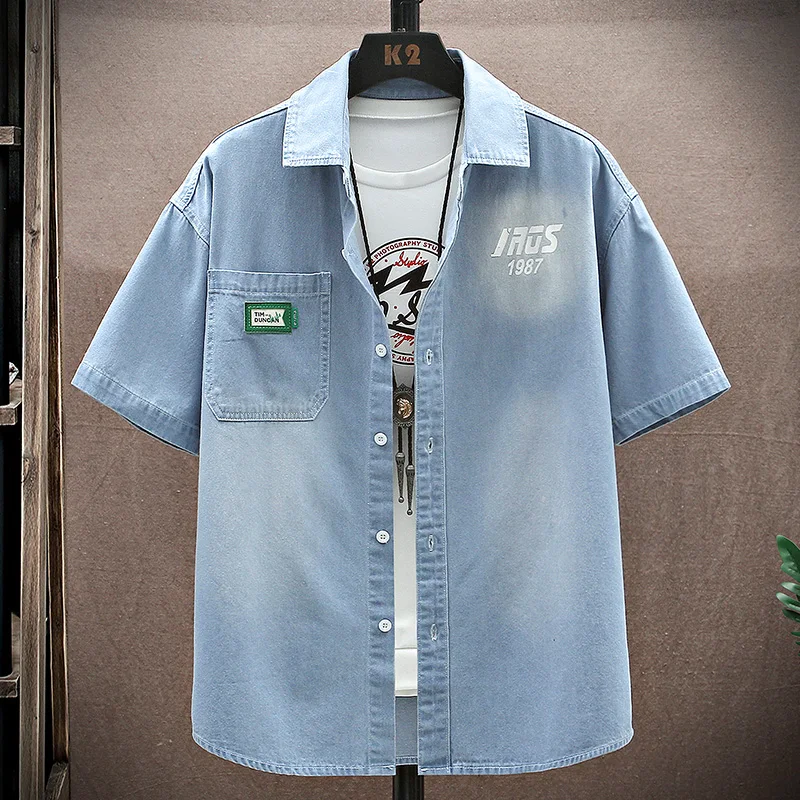 New Summer Men's Blue Denim Shirts Short Sleeve Jean Shirts High