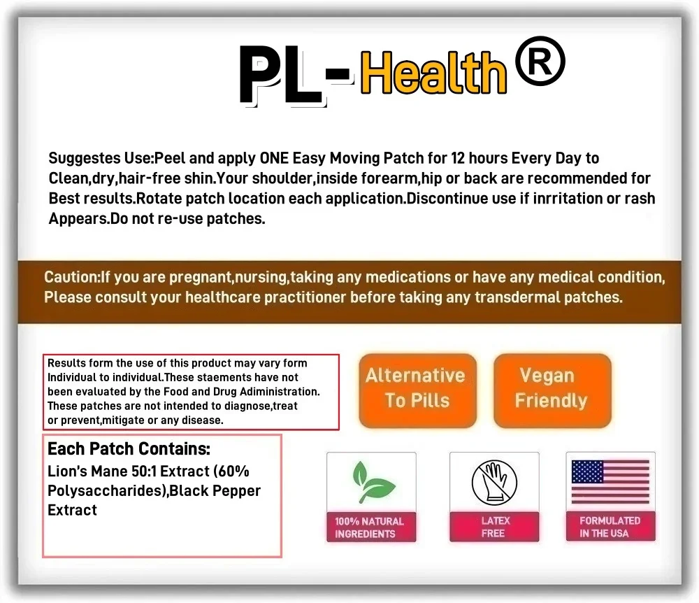30 Patches Lions Mane Mushroom Transdermal Patches Promotes Mental Clarity Focus Memory