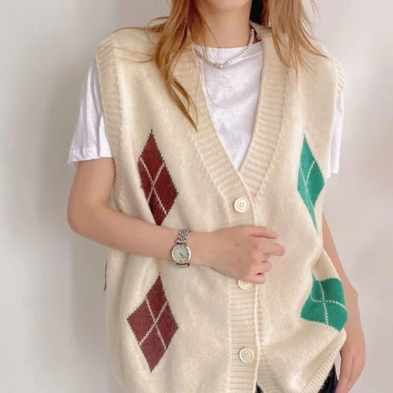 

Plaid Sweater Vest For Women Vintage Knitted Vest Casual Single Breasted Streetwear Harajuku Knitted Cardigan Clothing Top