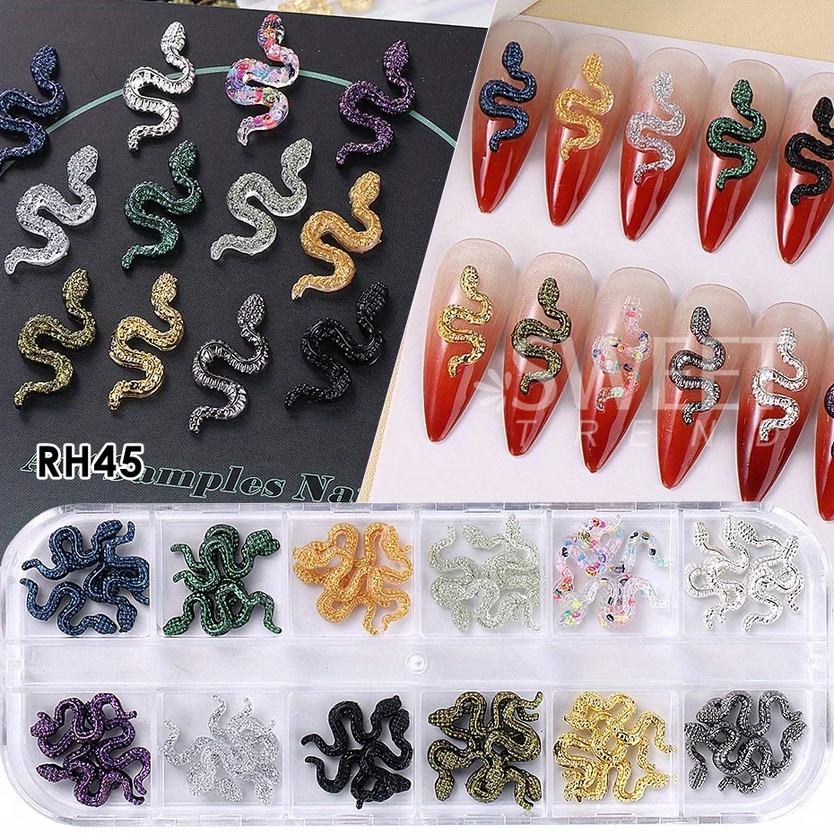 12-Gitter Punk Gothic Schlange Nagel Dekoration Charms Harz und Metall Design glänzender Schmuck DIY Halloween Urlaub Stil Maniküre Teil – Detail 8