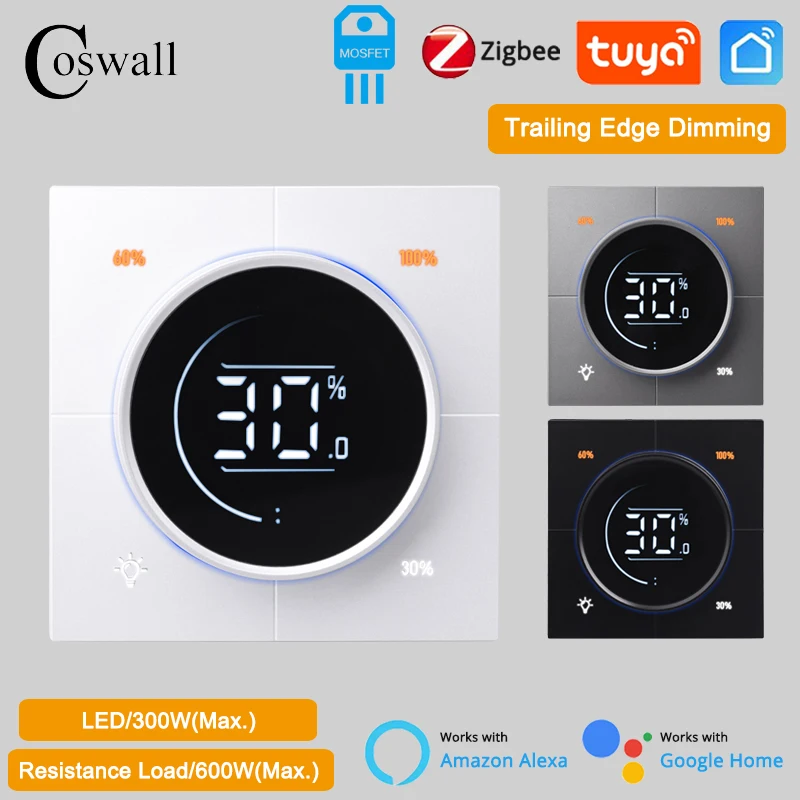 COSWALL Wall Light Dimmer Switch Infinite Knob MOSFET Zigbee 3.0, PC panel digital LCD trailing edge dimming AC100 250V regulator