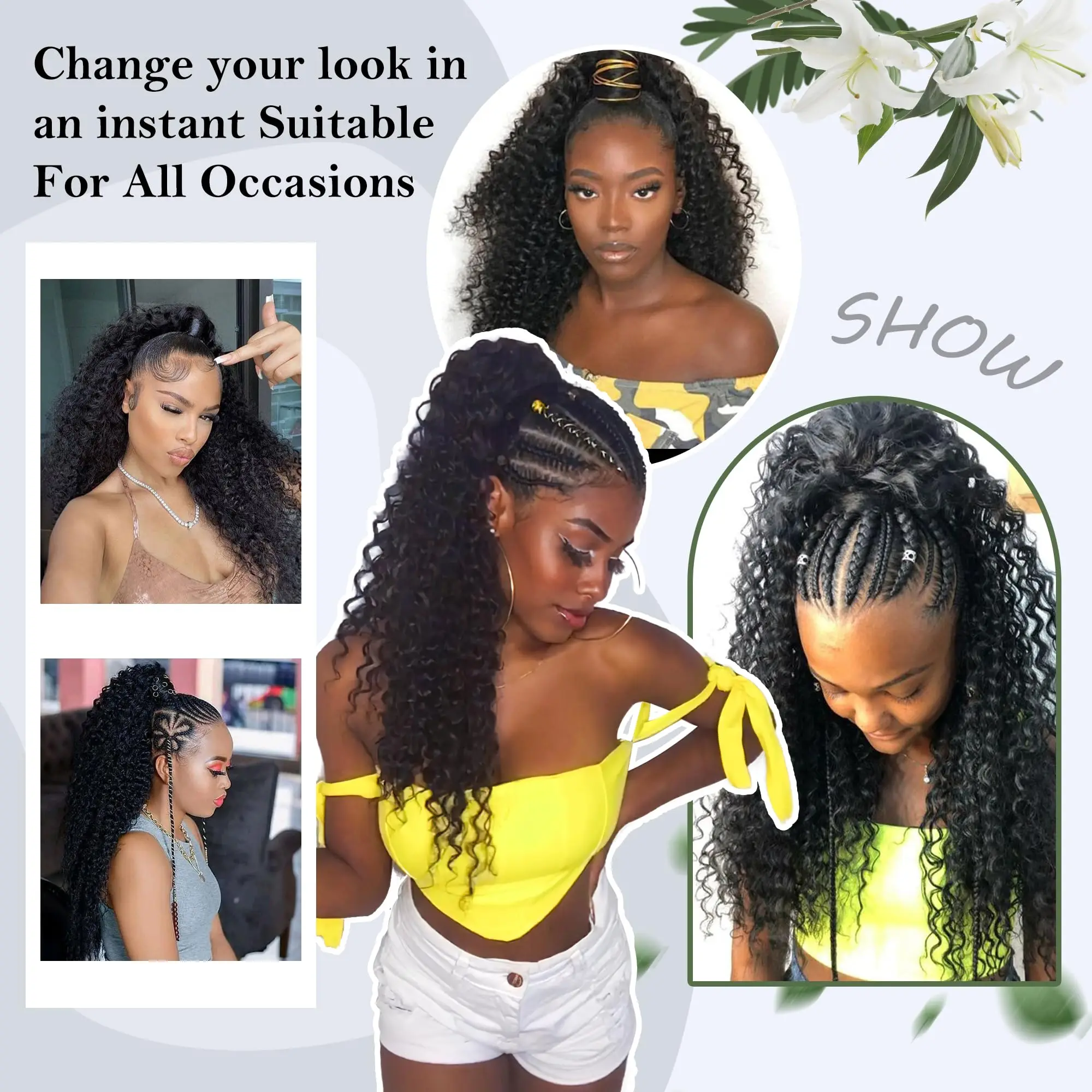 Fluffy curls, small curls, drawstrings, large ponytails, synthetic wigs, long ponytails