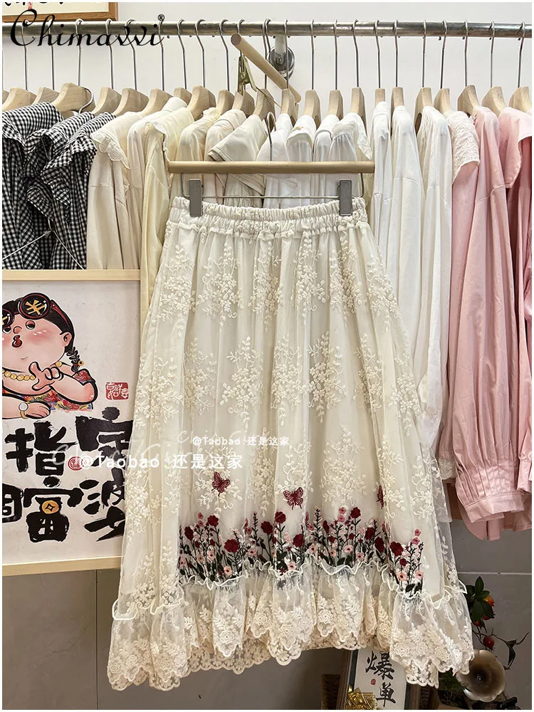 

Женская кружевная юбка с вышивкой, элегантная юбка с эластичной талией в японском стиле, весна-лето
