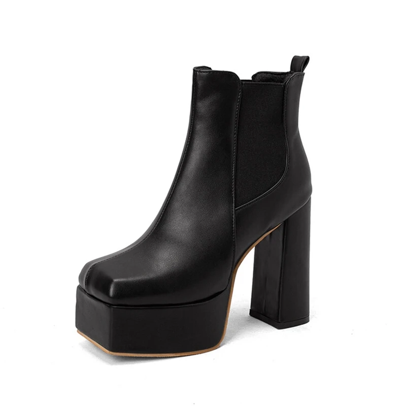 BLXQPYT Zapatos De Mujer Autumn Winter Ankle Boots for Women Square Toe High Heels Leather Pumps Platform Shoes Big Size 48 22-9