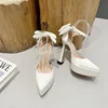 High Heels Women 2024 Summer New Fashion Satin Face Pointed Toe High Heel Sandals Bow One Word Buckle Thick Heel Women's Shoes 4