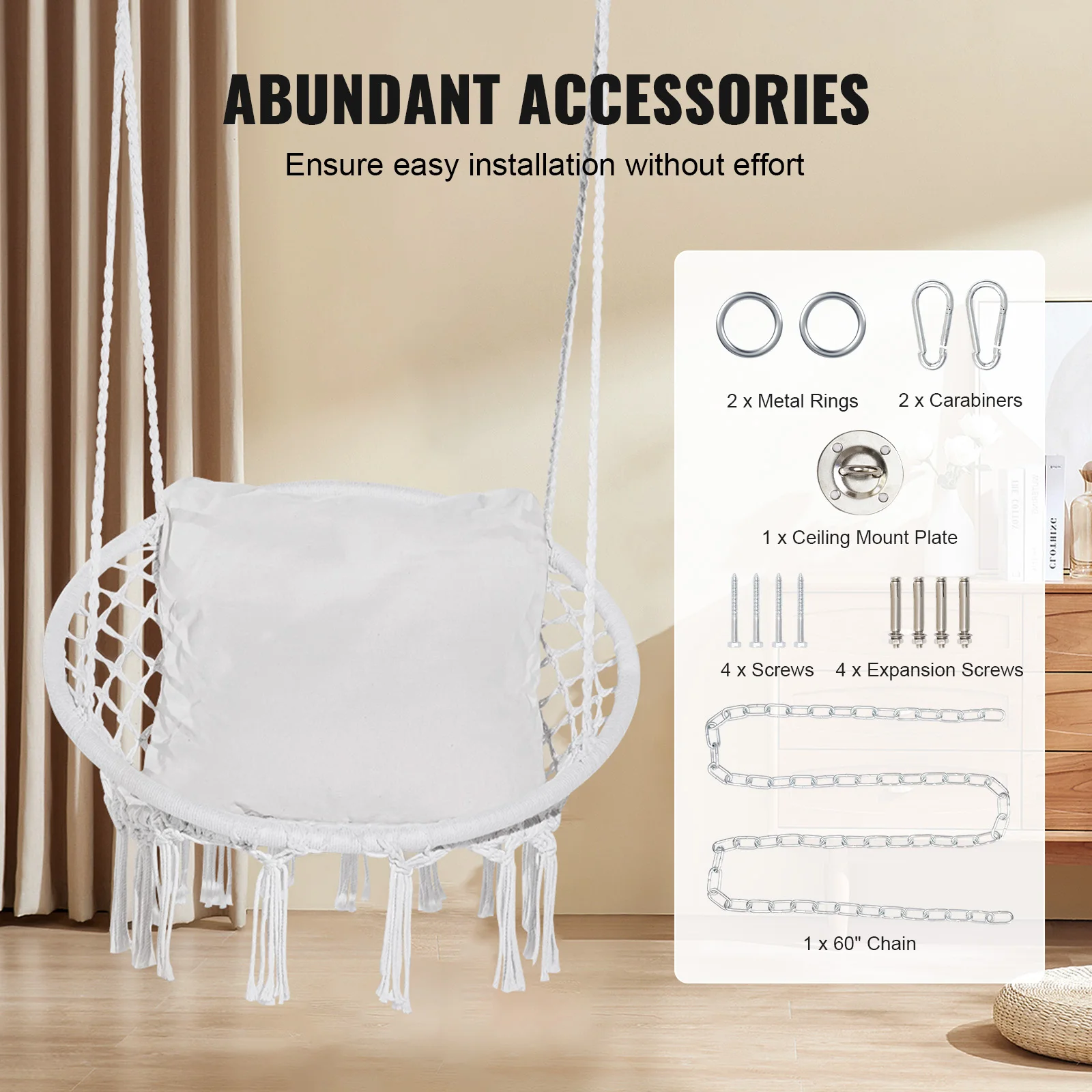 Hanging Hammock Swing Chair 330lbs Macram&eacute; Hanging Chair Cotton Rope Swing for Bedroom Balcony Patio Garden White