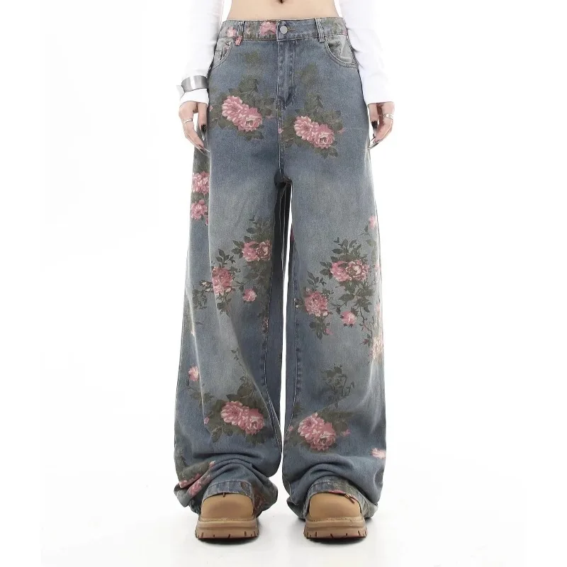 Women's Blue Flower Baggy Jeans Y2K Japanese Harajuku High Street Aesthetic Hig…