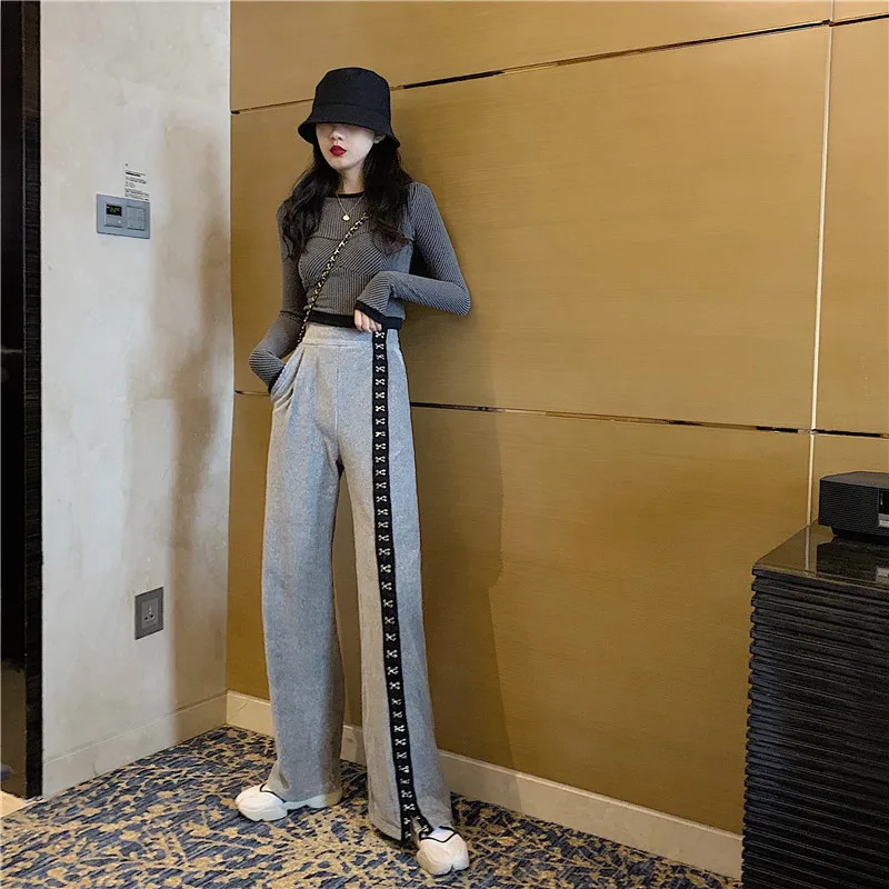 Straight Wide Leg Trousers Female All-match Casual Solid Color Pants Women 2024 New Fall Breasted High Waist Gray Pants Popular