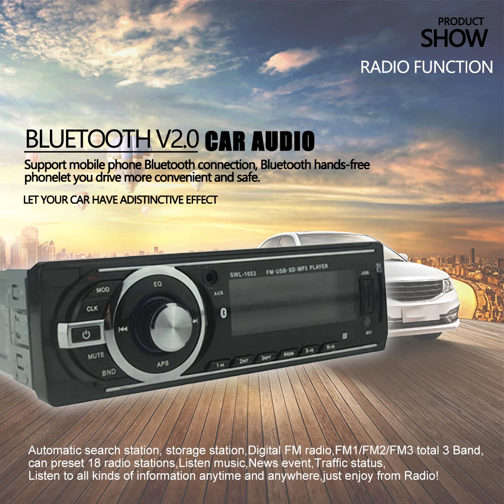 

Car Stereo Auto Radio Support USB/SD/EQ/Bluetooth/FM/Aux/Clock Function1 Din Car Radio Mp3 Player Accessories