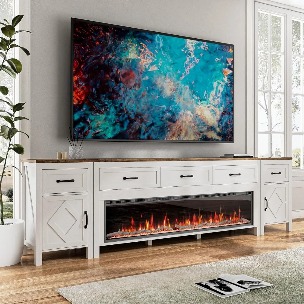 Farmhouse TV Stand with Fireplace for TVs Up to 100 Inch,Entertainment Center with 60" Electric Fireplace,98" TV Console with St 3