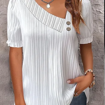 Elegant Women Blouse White Shirt 2023 Summer Simple V-neck Button Solid Top Office Lady Shirt S-XXL