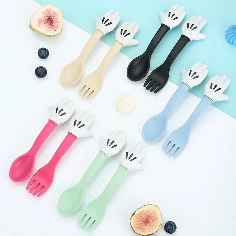 

Creative Children's Spork and Spoon PP Cartoon Cute Wheat Spork and Spoon Set Baby Training Complementary Food Creativity