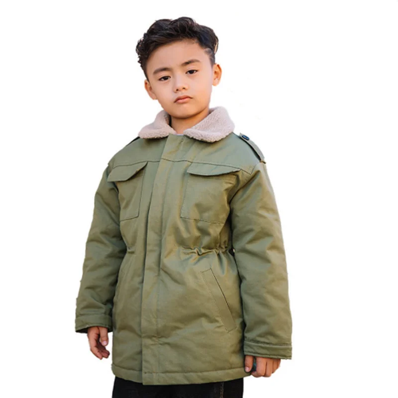 

Medium And Long Children's Clothes Thickened Windproof Warm Boy's Cotton Jacket Army Green Outdoor Student Trekking Hiking Coat