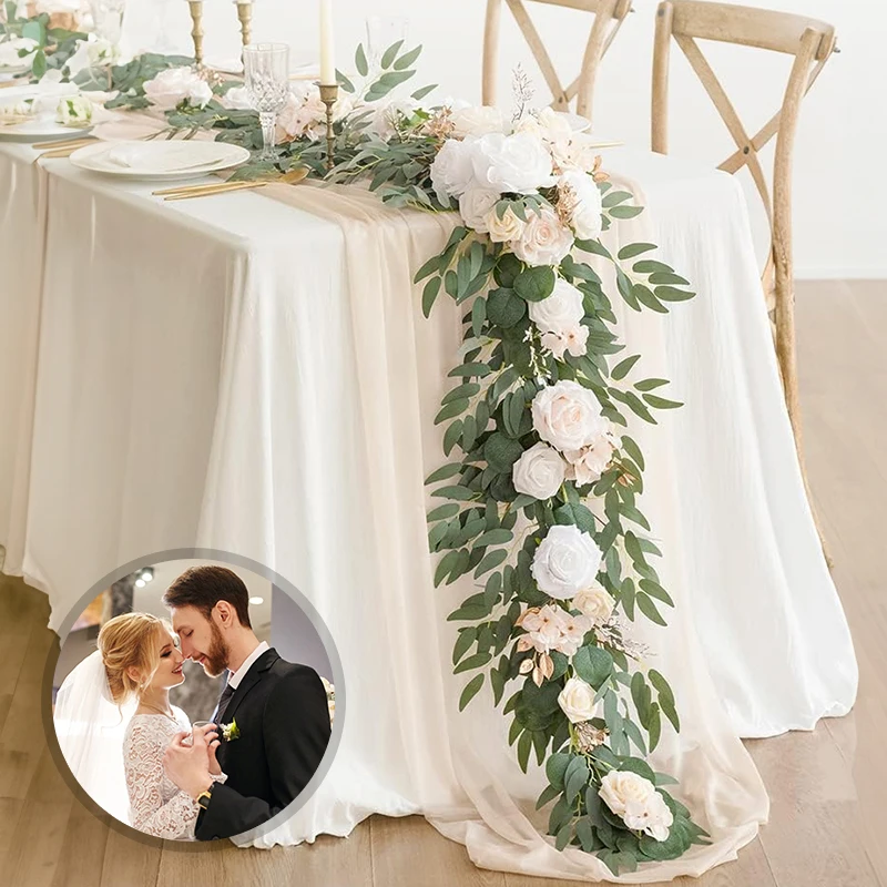 

Eucalyptus Garland with Flowers 180cm Table Runner Handcrafted Wedding Centerpiece Artificial Christmas Bridal Shower Decoration