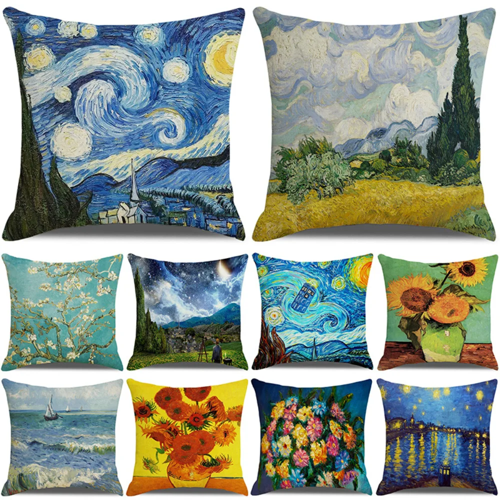 Oil Painting Style Cushion Cover 18x18 Inches Linen Pillow Cover Abstract Landscape Printed Pillowcase Home Sofa Decor Pillows