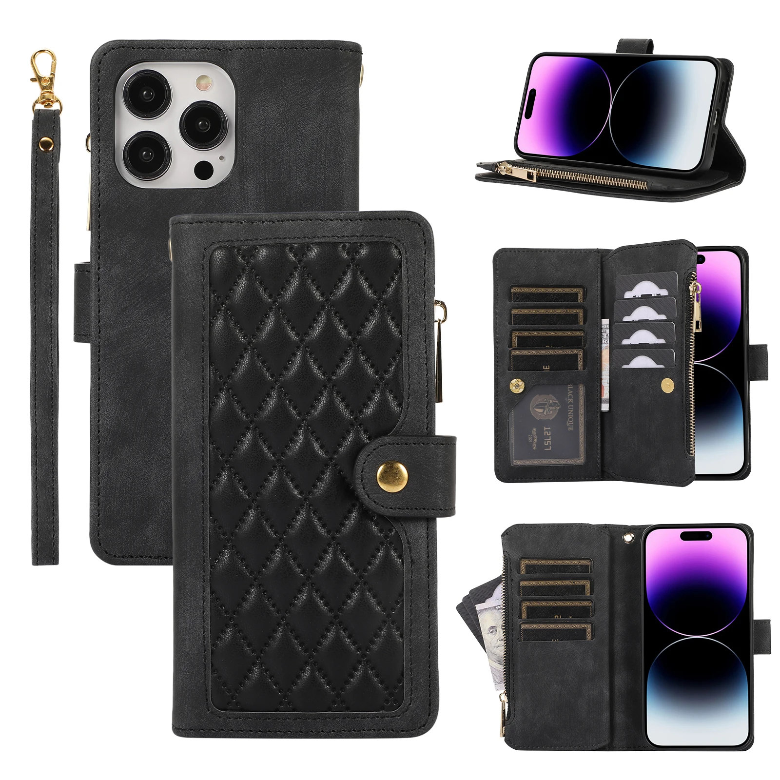 

Diamond Clash Color Multi Carat Chain Card Slot Wallet Leather Case iPhone 15 14 13 12 11 Pro Max Shockproof Protective Cover