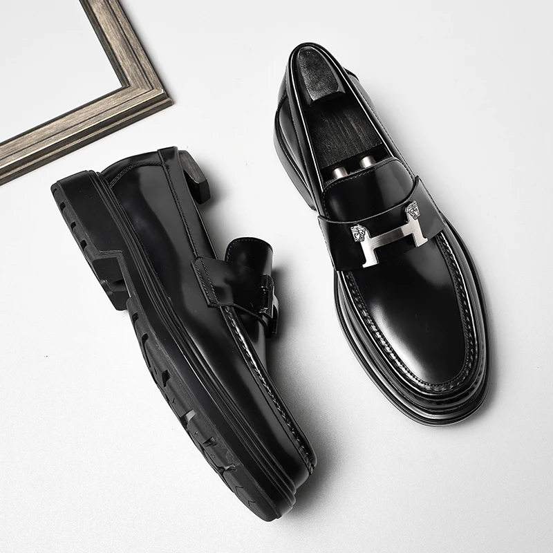 Leather shoes man, cover foot, square head, buckle, formal wedding, handmade, groom wear, European version