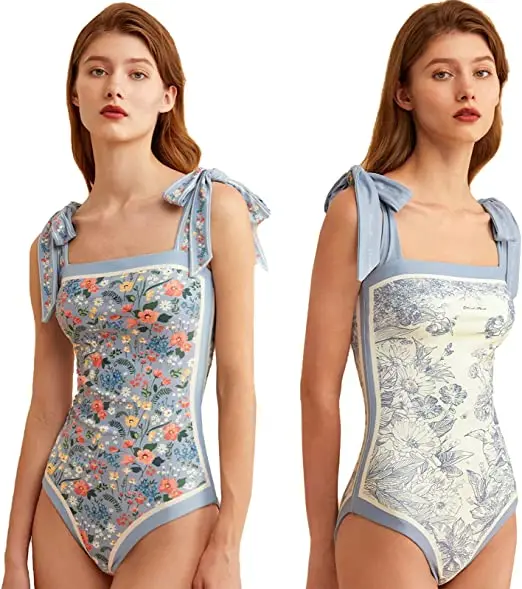 

Women Floral One Piece Swimsuits, Reversible Tie Shoulder Monokini, Tummy Control Bathing Suits, Square Neck Swimwear