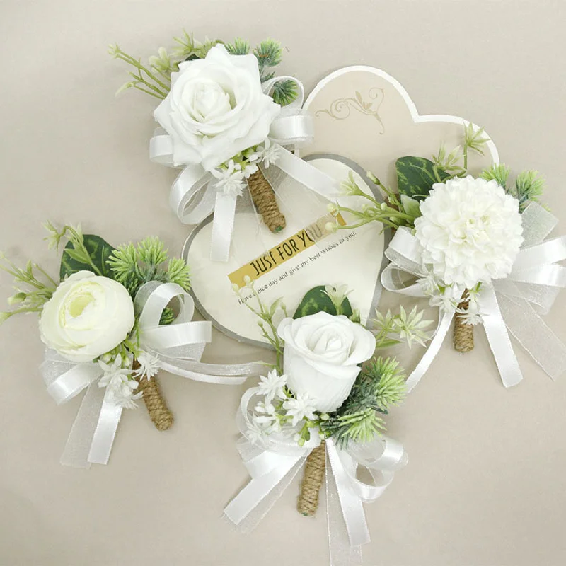 yo cho bridegroom wedding boutonniere bride wrist corsage men wedding meeting party unique personal adornment artificial flowers Boutonniere And Wrist Corsage Wedding Supplies Banquet Guests Simulated Flowers Bride and Bride White Rose 358