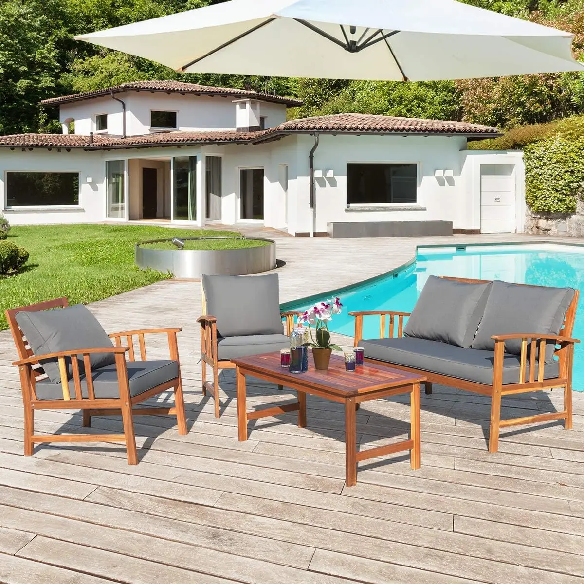 

4 PCS Acacia Wood Patio Furniture Set Outdoor Seating Chat Set with Gray Cushions & Back Pillow Outdoor Conversation Set with