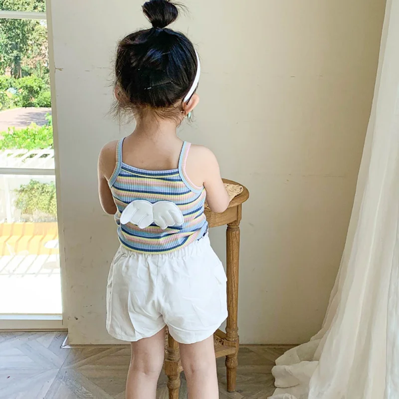 

Summer Toddler Rainbow Plaid Camisole Kids Girls Sling Sleeveles Vest Cute Wing Decoration Children Clothing Tops