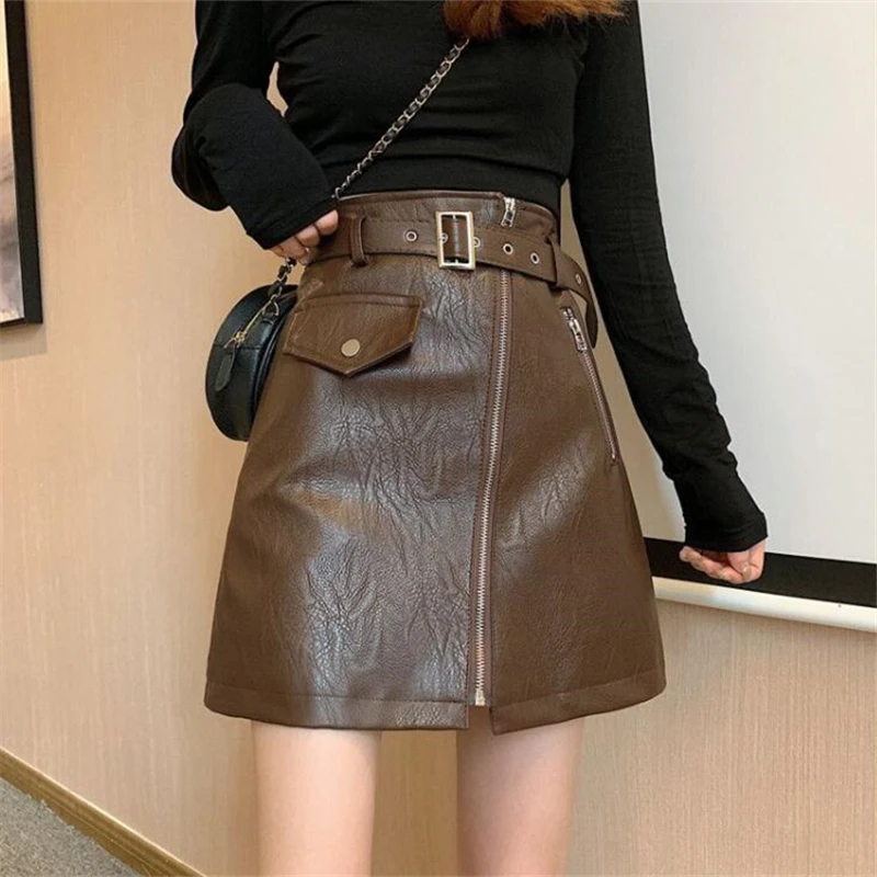 

Matching Waistband Coffee Colored PU Small Leather Skirt Design A-line Autumn and inter High Waisted Slimming Skirt Women's