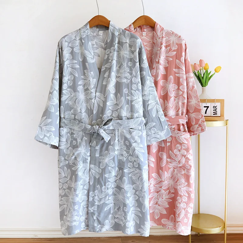 Women's Pure Cotton Gauze Pajamas Thin Jacquard Bathrobes Autumn Long Sleeve Japanese Kimono Robe Loose and Casual Home Wear