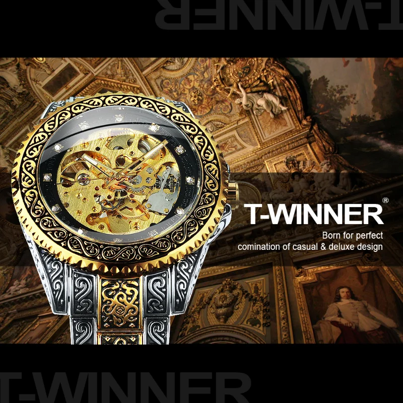 T-winner-relojes a la moda para hombre, reloj de pulsera mecánico automático con grabado Vintage tallado, esqueleto dorado de lujo