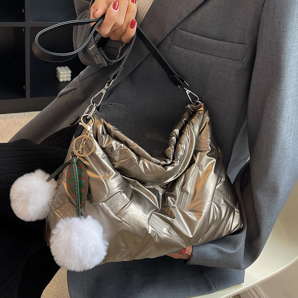Fashion Winter Women's Padded Handbas Down Fabric Cotton Shoulder Messenger  Bags 2022 Luxury Brand Hair Ball Female Underarm Bag